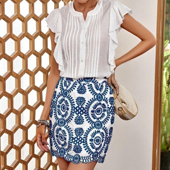 Blue And White Boho Womens Allover Print Scallop Trim Skirt - Picture 1 of 5